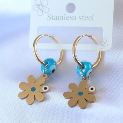 Mey İthalat® 316L Çelik Gold Renk Çiçek Model Nazar Boncuk Detay Kadın Küpe