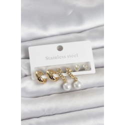 Mey İthalat® 316L Çelik Gold Renk inci Halka Detaylı Kadın Küpe Seti