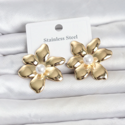 Mey İthalat® 316L Çelik Gold Renk İncili Lotus Model Kadın Küpe