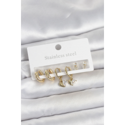 Mey İthalat® 316L Çelik Gold Renk Kalp Detaylı Kadın Küpe Seti