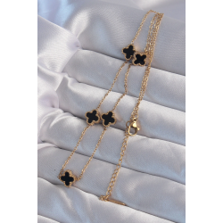 Mey İthalat® 316L Çelik Gold Renk Minimal Siyah Mineli Yonca Kolye