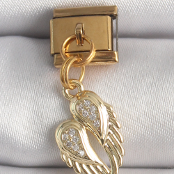 Mey İthalat® 316L Çelik Gold Renk Sallantı Zirkon Taşlı Kanat Model Nomination Charm