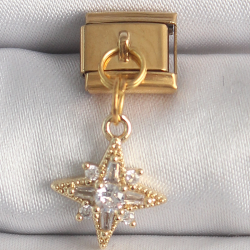 Mey İthalat® 316L Çelik Gold Renk Sallantı Zirkon Taşlı Kutup Yıldız Model Nomination Charm