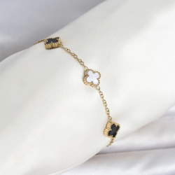 Mey İthalat® 316L Çelik Gold Renk Siyah Beyaz Baby Yonca Model Kadın Bileklik