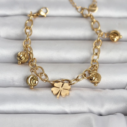 Mey İthalat® 316L Çelik Gold Renk Yonca ve Dorikalı Kadın Bileklik