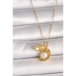 Mey İthalat® 316L Çelik Gold Renk Zincir Açılır İncili Midye Model Kadın Kolye