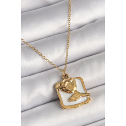 Mey İthalat® 316L Çelik Gold Renk Zincir Beyaz Mineli Gül Portre Model Kadın Kolye