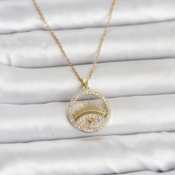Mey İthalat® 316L Çelik Gold Renk Zirkon Taşlı Göz Model Kadın Kolye