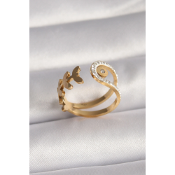 Mey İthalat® 316L Çelik Gold Renk Zirkon Taşlı Yaprak Model Kadın Yüzük