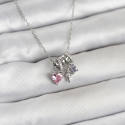 Mey İthalat® 316L Çelik Gümüş Pembe Zirkon Taşlı Charmlı Kadın Kolye