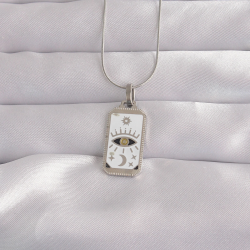 Mey İthalat® 316L Çelik Gümüş Renk Beyaz Mineli Göz Figür Tarot Kolye