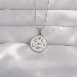 Mey İthalat® 316L Çelik Gümüş Renk Beyaz Mineli Karışık Figürlü Tarot Kolye