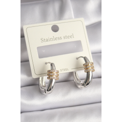 Mey İthalat® 316L Çelik Gümüş Renk Halka Zirkon Gold Zirkon Taşlı Kadın Küpe