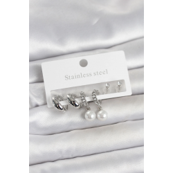 Mey İthalat® 316L Çelik Gümüş Renk inci Halka Detaylı Kadın Küpe Seti