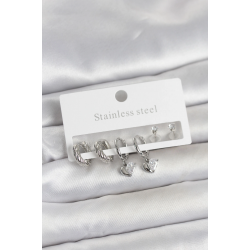 Mey İthalat® 316L Çelik Gümüş Renk Kalp Detaylı Kadın Küpe Seti