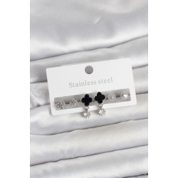 Mey İthalat® 316L Çelik Gümüş Renk Yonca Detaylı Kadın Küpe Seti