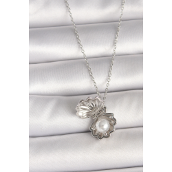 Mey İthalat® 316L Çelik Gümüş Renk Zincir Açılır İncili Midye Model Kadın Kolye