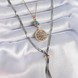 Mey İthalat® 316L Çelik Mix Renk Filiz Figür Nazar Boncuk Detay Uzun Kadın Kolye