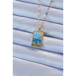 Mey İthalat® 316L Çelik Zincir Altın Renk Mavi Mineli Ay Figür Tarot Kolye