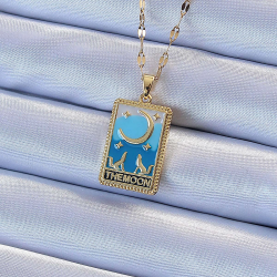 Mey İthalat® 316L Çelik Zincir Altın Renk Mavi Mineli Ay Figür Tarot Kolye