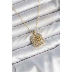 Mey İthalat® 316L Çelik Zincir Gold Aslan Madalyon Model Zirkon Taşlı Kadın Kolye