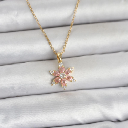 Mey İthalat® 316L Çelik Zincir Gold Renk Pembe Lotus Model Kadın Kolye
