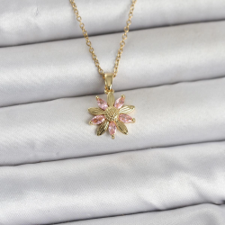 Mey İthalat® 316L Çelik Zincir Gold Renk Pembe Papatya Model Kadın Kolye