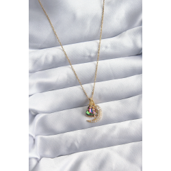 Mey İthalat® 316L Çelik Zincir Gold Renk Zirkon Taşlı Hilal Kristal Kalp Model Kadın Kolye