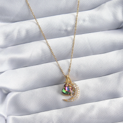 Mey İthalat® 316L Çelik Zincir Gold Renk Zirkon Taşlı Hilal Kristal Kalp Model Kadın Kolye