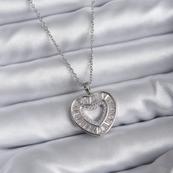 Mey İthalat® 316L Çelik Zincir Gümüş Renk Baget Zirkon Taşlı Kadın Kolye