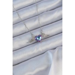 Mey İthalat® 316L Çelik Zincir Gümüş Renk Mavi Mor Zirkon Taşlı Kanatlı Kalp Kolye