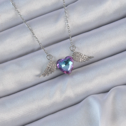 Mey İthalat® 316L Çelik Zincir Gümüş Renk Mavi Mor Zirkon Taşlı Kanatlı Kalp Kolye