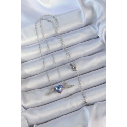 Mey İthalat® 316L Çelik Zincir Gümüş Renk Mavi Mor Zirkon Taşlı Kanatlı Kalp Kolye