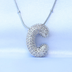 Mey İthalat® 316L Çelik Zincirli Zirkon Taşlı C Harfli Gümüş Renk Bubble Kolye