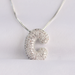 Mey İthalat® 316L Çelik Zincirli Zirkon Taşlı C Harfli Silver Renk Bubble Kolye