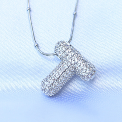 Mey İthalat® 316L Çelik Zincirli Zirkon Taşlı T Harfli Gümüş Renk Bubble Kolye