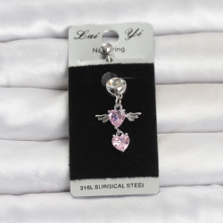 Mey İthalat® 316L Cerrahi Çelik Pembe Zirkon Taşlı Kanat Model Göbek Piercing