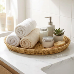 Mey İthalat®  35 cm Plastik Rattan Tepsi – Hasır Görünümlü Dekoratif Servis Tepsisi, Mutfak, Kahvaltı, Sunum ve Masaüstü Çok Amaçlı Organizer