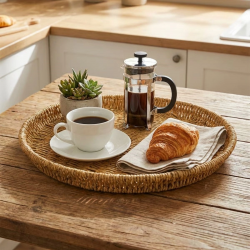 Mey İthalat®  35 cm Plastik Rattan Tepsi – Hasır Görünümlü Dekoratif Servis Tepsisi, Mutfak, Kahvaltı, Sunum ve Masaüstü Çok Amaçlı Organizer