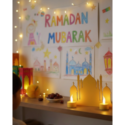 Mey İthalat® 3D Cami Masa Üstü Dekor 2 Pilli LED Mumlu Hediye Set