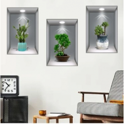 Mey İthalat® 3D Çiçek Vazo Duvar Sticker 3 lü Set GRİ Fon