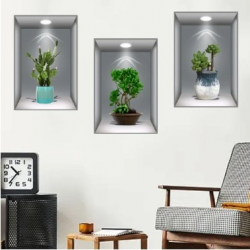 Mey İthalat® 3D Çiçek Vazo Duvar Sticker 3 lü Set GRİ Fon