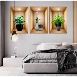 Mey İthalat® 3D Çiçek Vazo Duvar Sticker 3 lü Set Kahverengi Fon