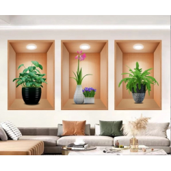 Mey İthalat® 3D Çiçek Vazo Duvar Sticker 3 lü Set Kahverengi Fon