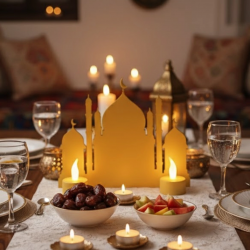 Mey İthalat® 3D İki Mumlu Cami Dekor 2 Pilli LED Mum Hediyeli Masa Üstü Süs