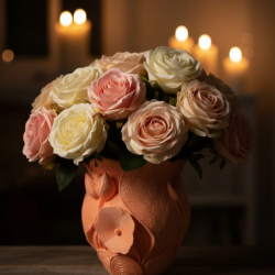 Mey İthalat® 3D Kabartmalı Çiçek Motifli Turuncu Dekoratif Vazo