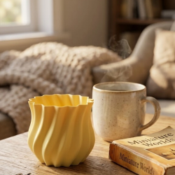 Mey İthalat® 3D Kıvrımlı Sarı Vazo Modern Dekoratif Ev Aksesuarı Şık Tasarım