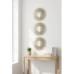 Mey İthalat® 3’lü Gold Güneş Desenli Duvar Aynası Seti 27 cm | Dekoratif Yuvarlak Ayna