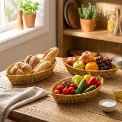 Mey İthalat®  3’lü Kayık Formlu Plastik Rattan Sepet Seti–Hasır Görünümlü Ekmek, Meyve ve Sunum Sepetleri, Çok Amaçlı Masaüstü Organizer