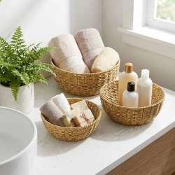 Mey İthalat®  3’lü Plastik Rattan Çanak Seti – Hasır Görünümlü İç İçe Geçebilen Sunum ve Düzenleme Kaseleri, Mutfak & Masaüstü Çok Amaçlı Organizer